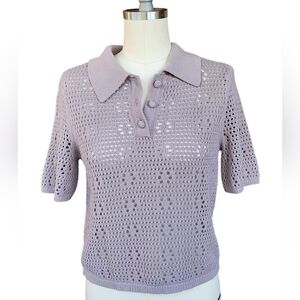 Tahari Cotton Sweater Open Knit Sheer Polo SS Crochet Buff Stone Taupe M